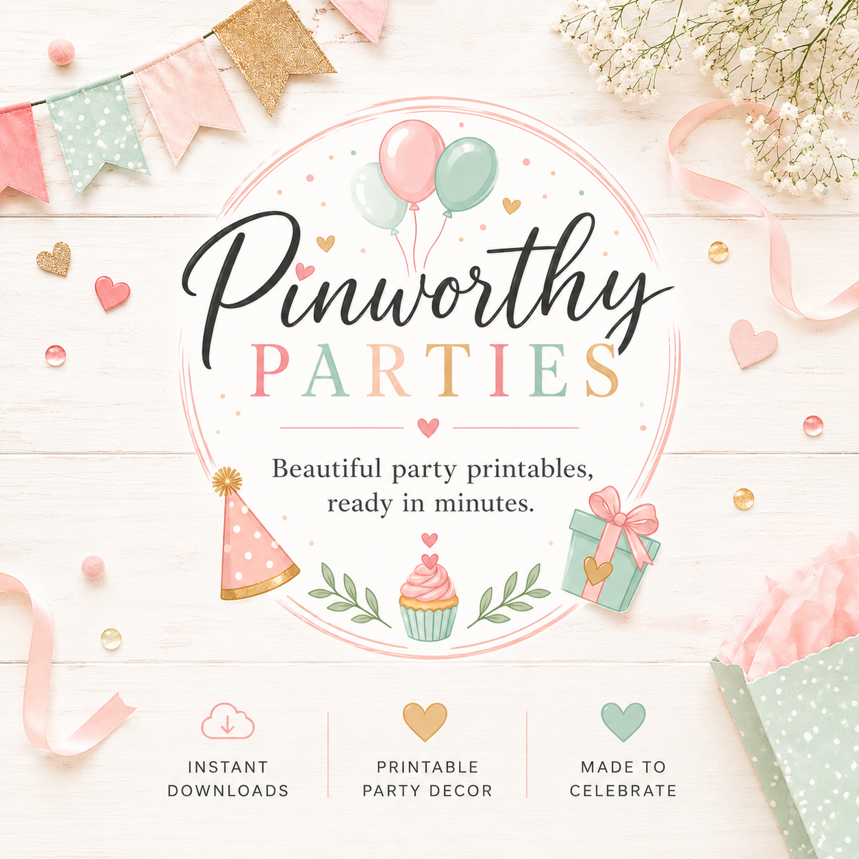 Pinworthy Parties brand graphic with party decorations and printable details.